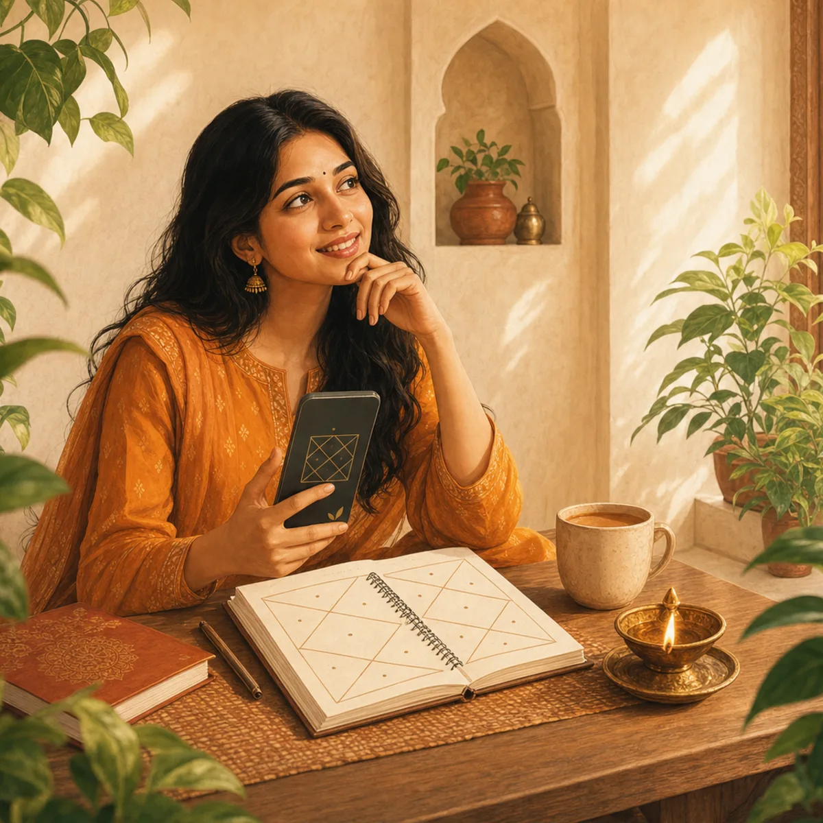 An Indian woman using Omaveda's AI Vedic astrology guide beside her Kundli