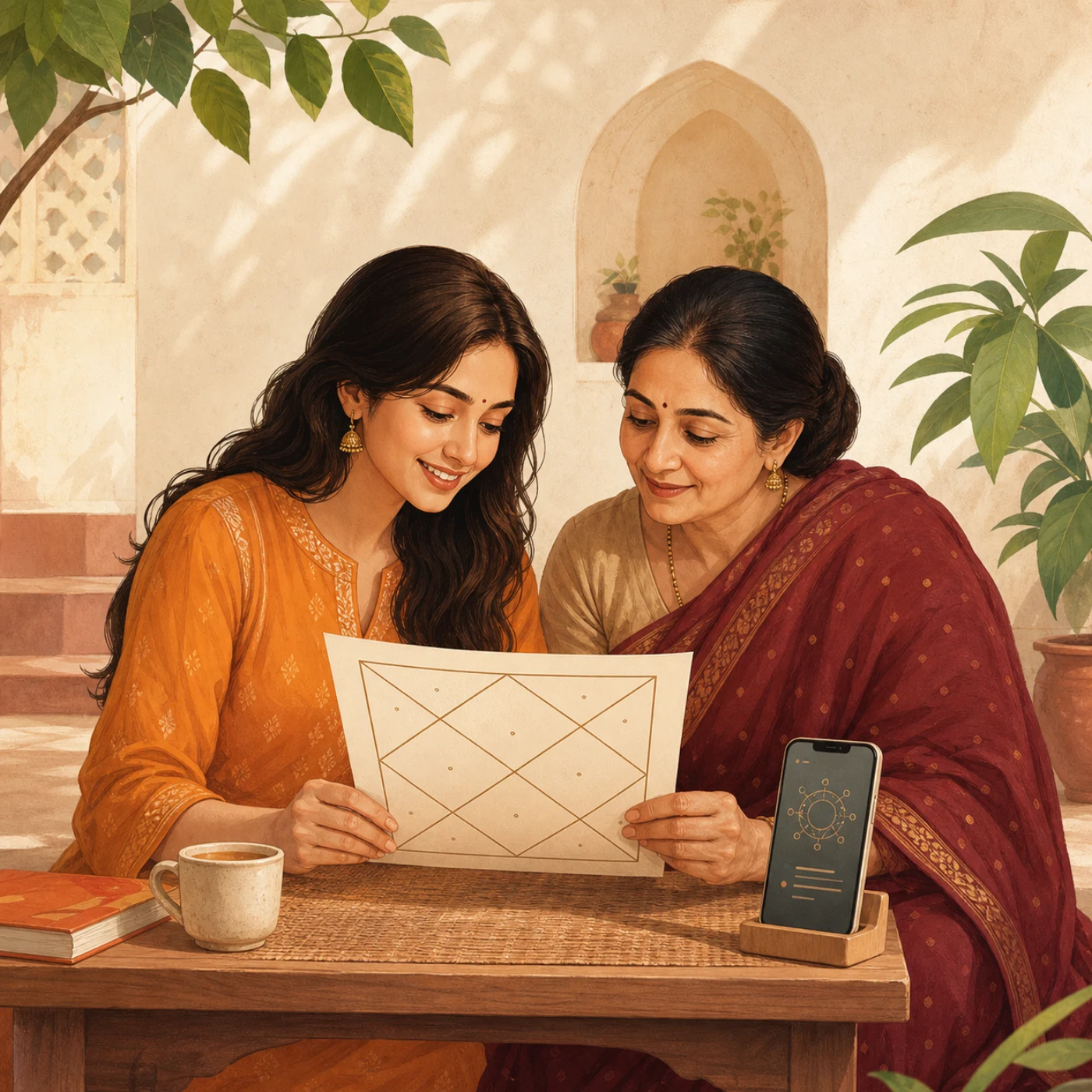 A young Indian woman and her mother reading a Vedic birth chart together